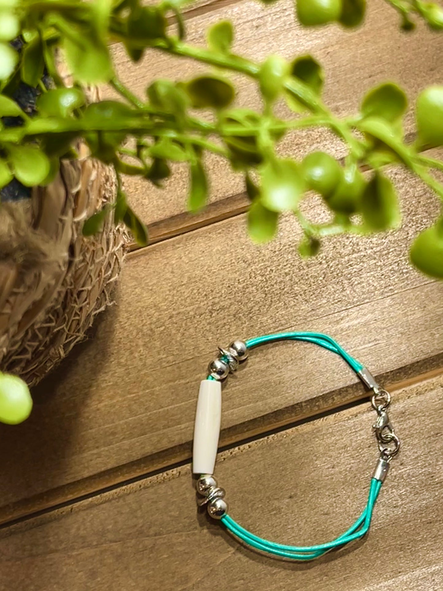 Turquoise & Silver Leather Beaded Bracelet