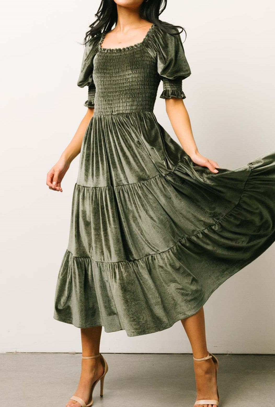 Velvet Ruffled Sleeve Dress