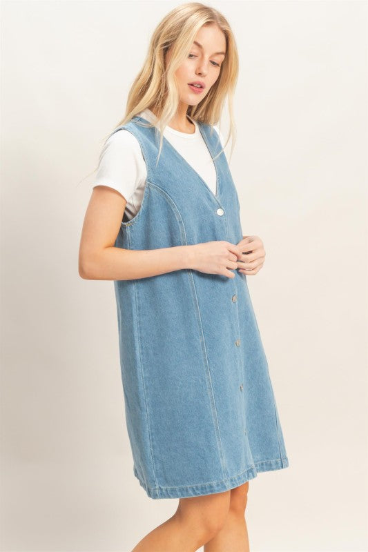V-Neck Button Up Denim Dress
