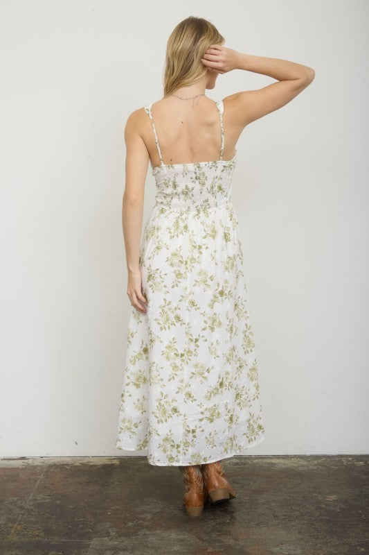 Floral Print Front Tie Corset Midi Dress