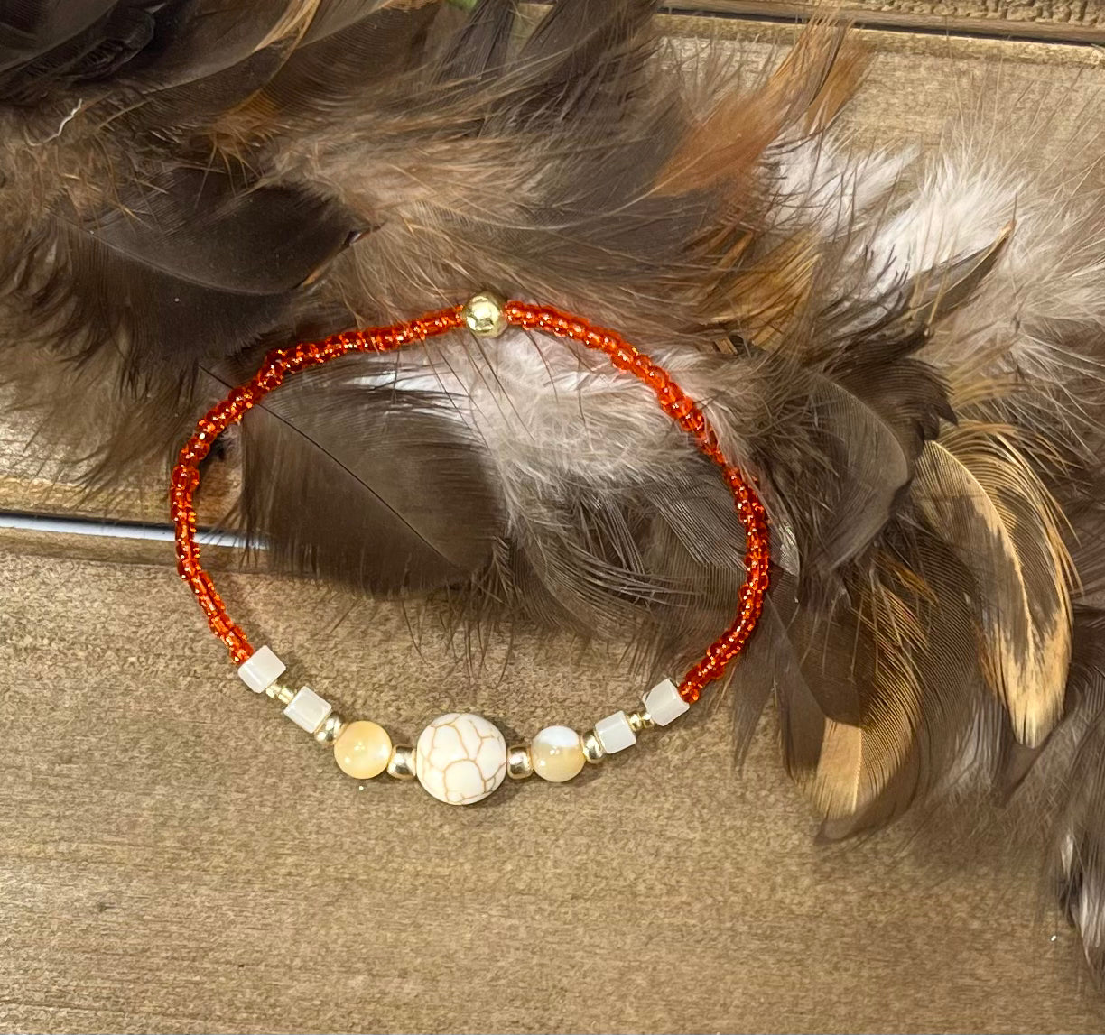 White & Orange Beaded Stretch Bracelet