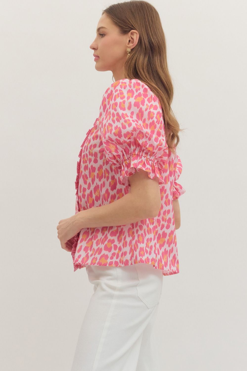 Pink Leopard Print Puff Sleeve Top