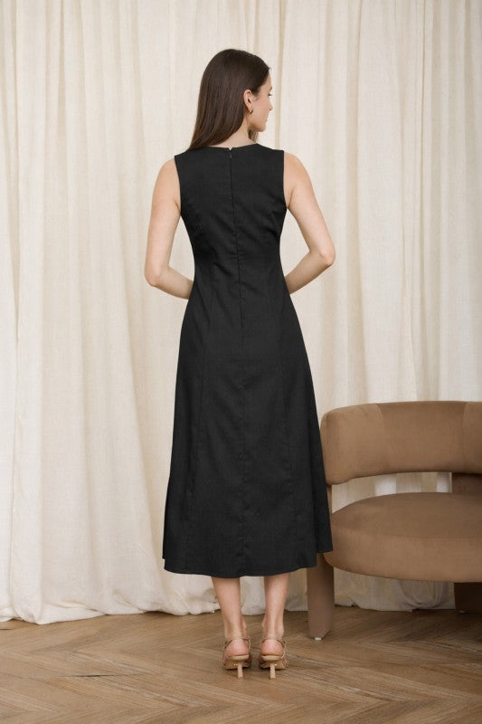 Button Down Sleeveless Split Hem Linen Midi Dress