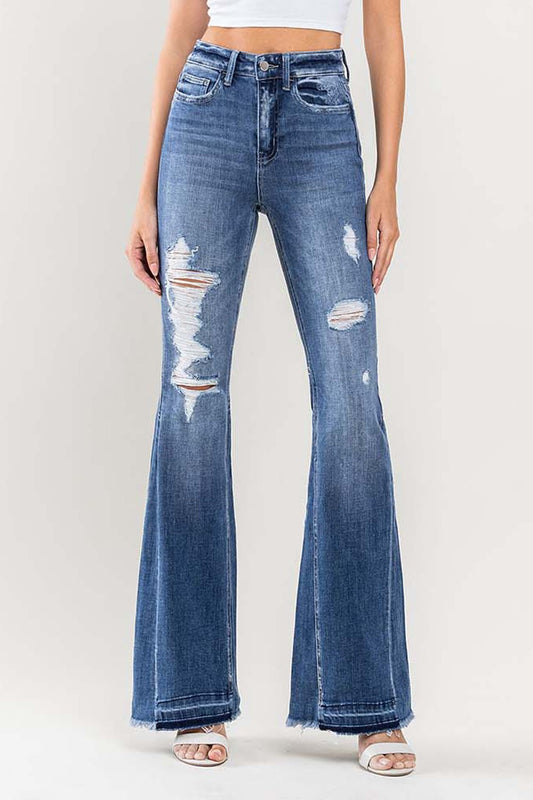 High Rise Distressed Insert Panel Released Hem Flare Jeans
