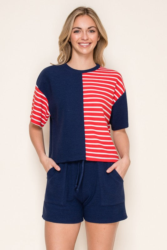 Round Neck Solid and Striped Knit Top