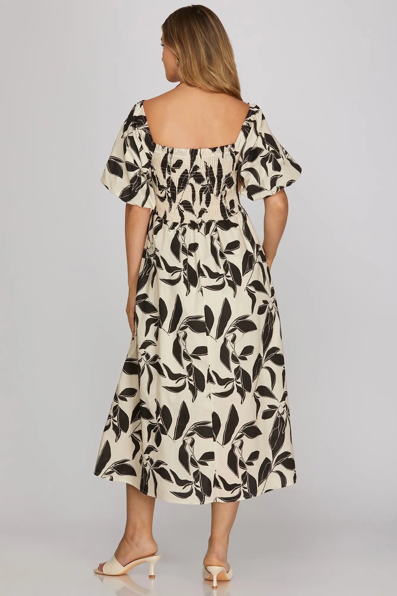 Bubble Sleeve Printed Midi Dress