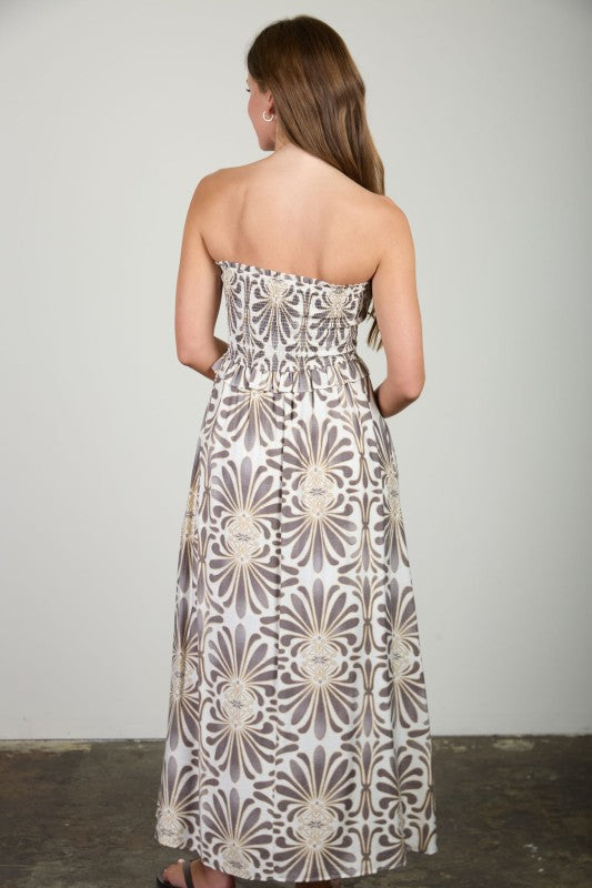 Demask Pattern Strapless Midi Dress