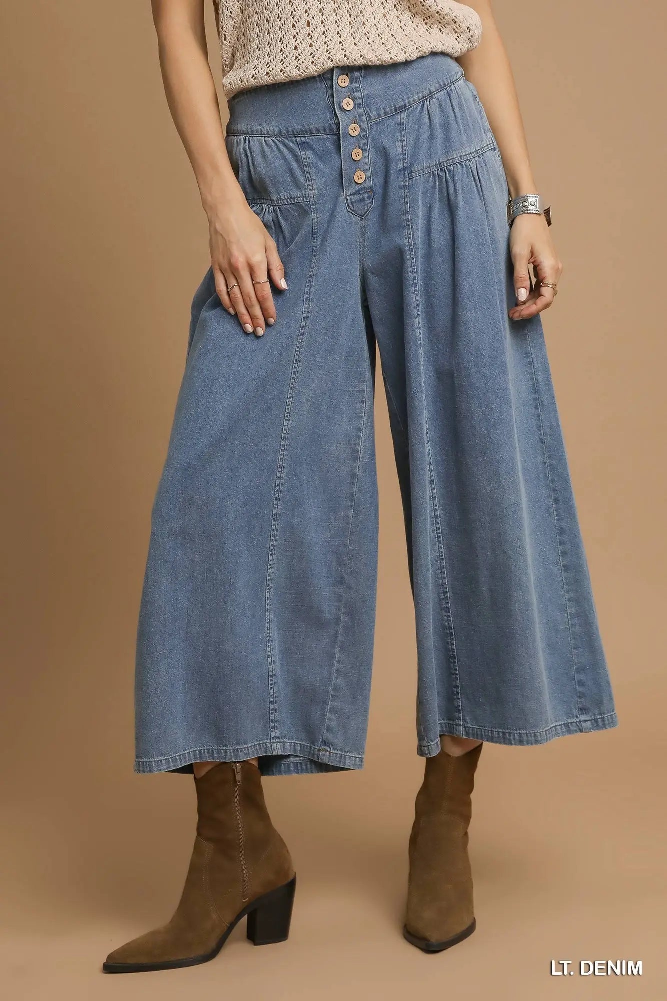 Stone Washed Denim Wide Leg Pants