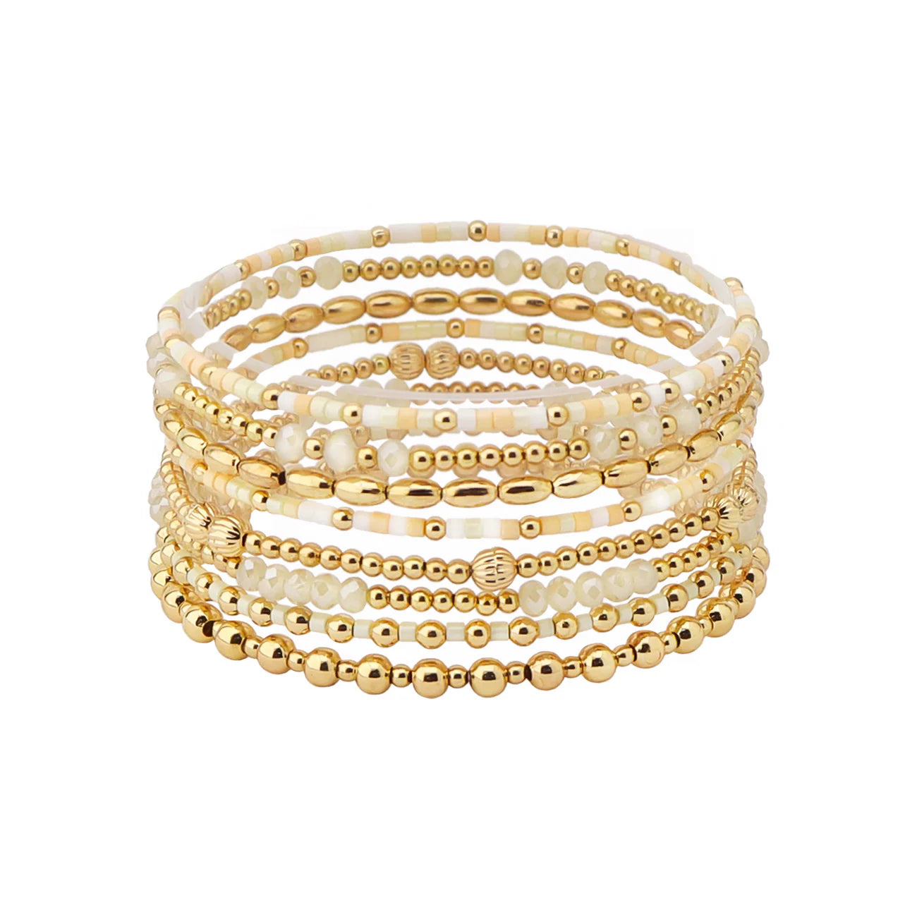 Set of 8 Natural Seed Bead & Crystal and Gold Stretch Bracelets