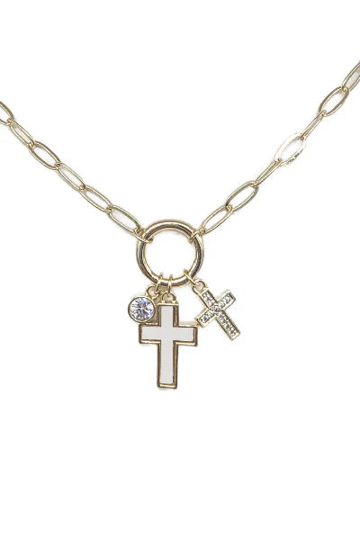Gold Rhinestone and Pearlized Cross Necklace