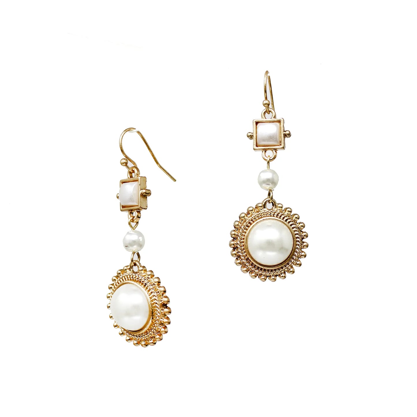 Gold Geometric and Pearl Circle 1.25” Earrings