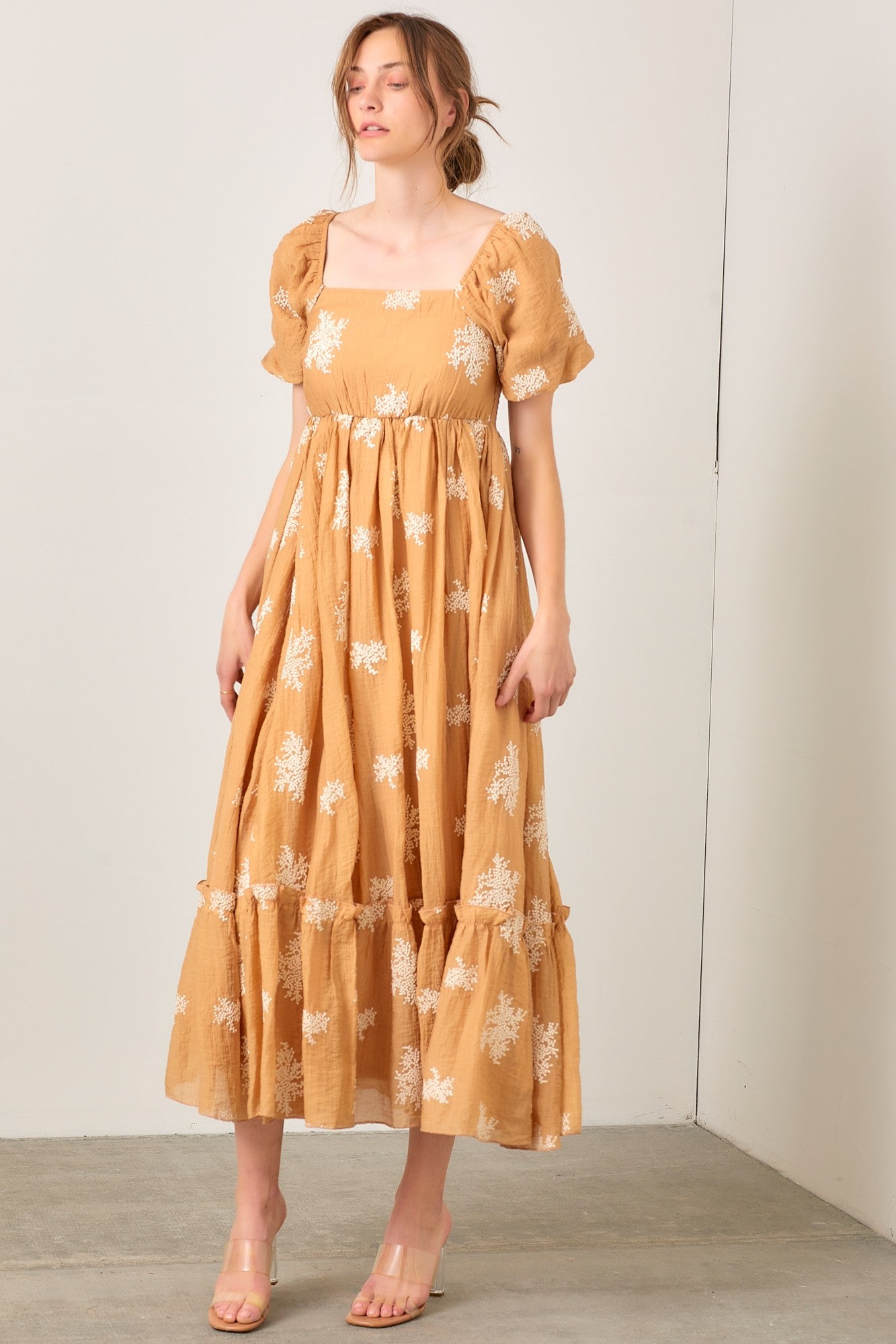 Embroidered Bubble Sleeve Maxi Dress