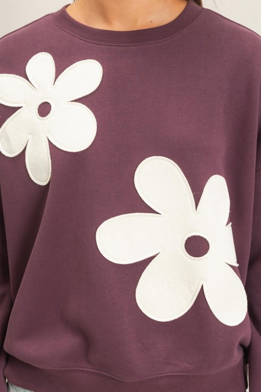 Floral Applique Crew Neck Sweatshirt