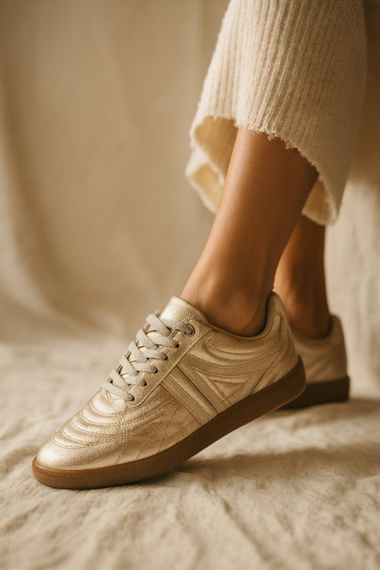 Shiny Quilted Lace Up Fashion Gold Sneakers