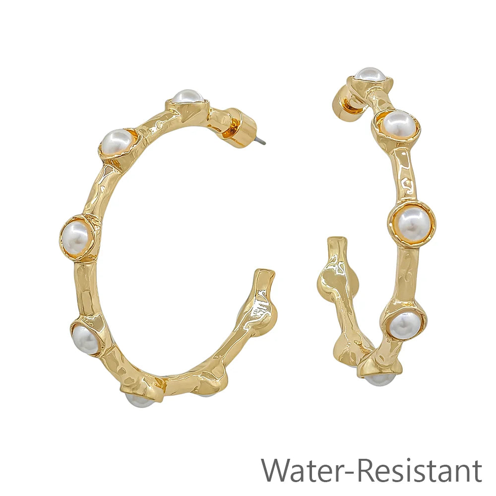 Water Resistant Gold Hammered with Pearl Hoop 2" Earring