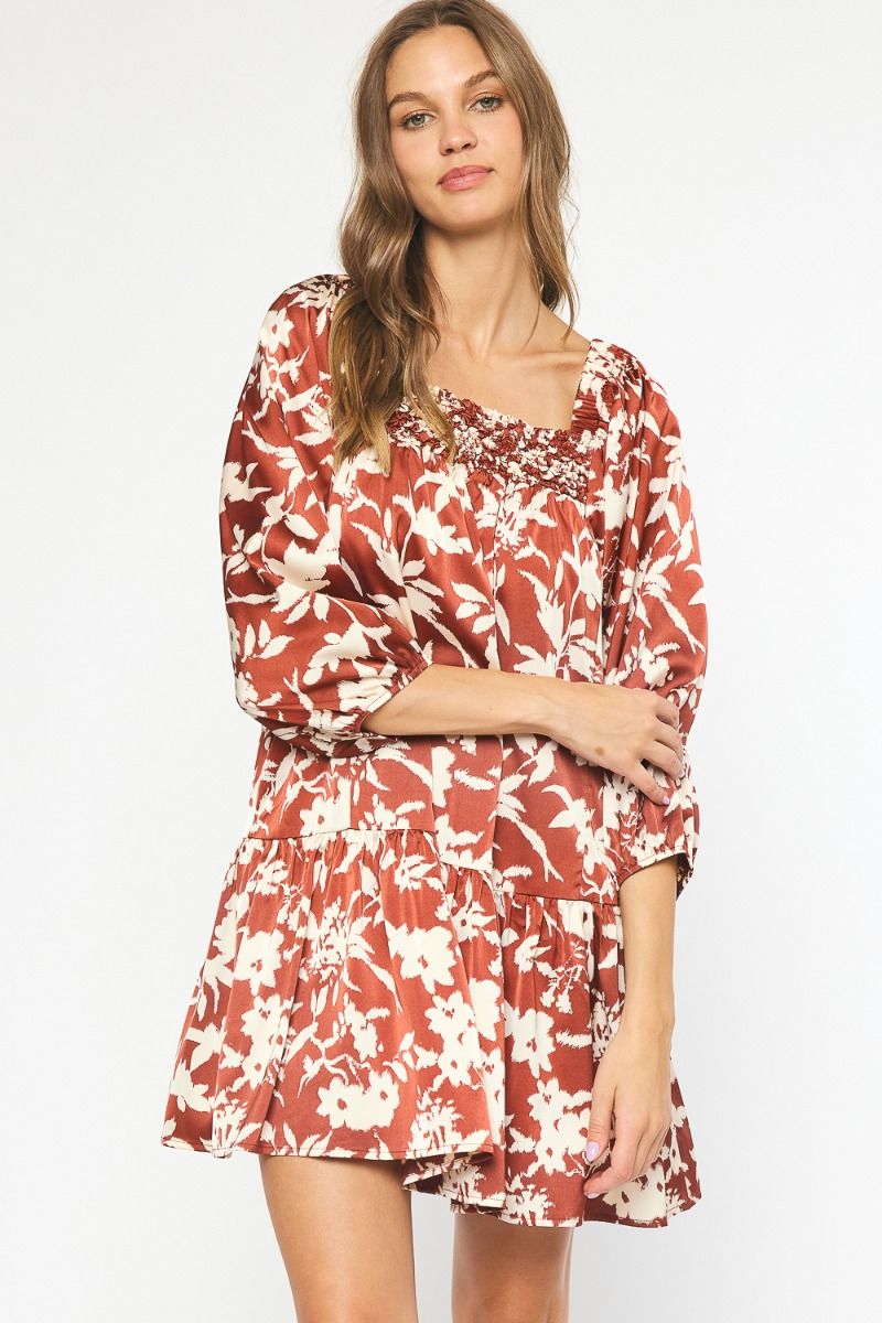Satin Floral Print Square Neck Mini Dress Red Bean / Large Satin Floral Print Square Neck Mini Dress Red Bean / Large