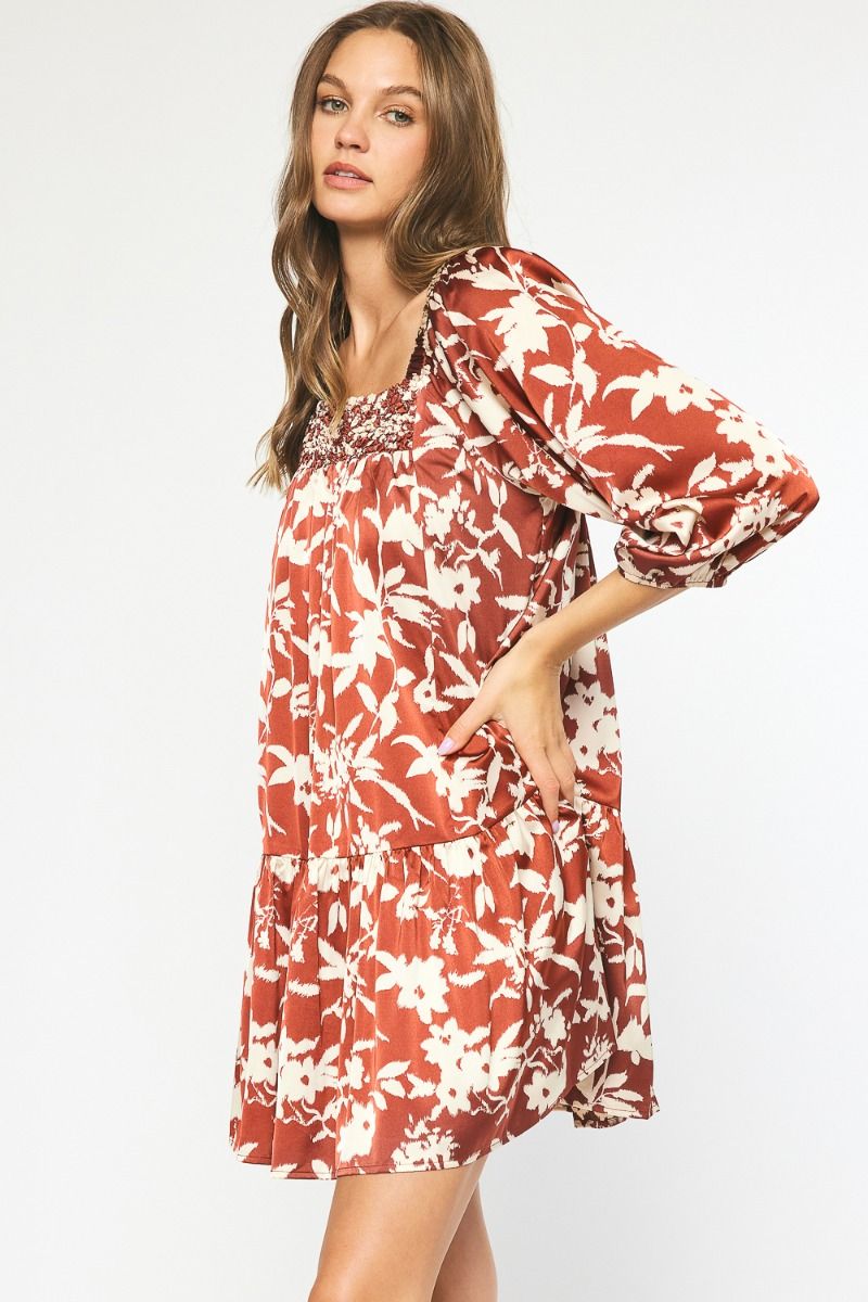 Satin Floral Print Square Neck Mini Dress