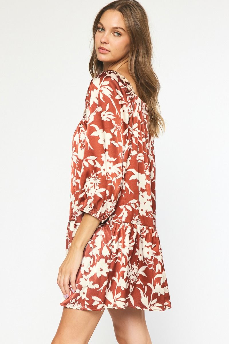 Satin Floral Print Square Neck Mini Dress