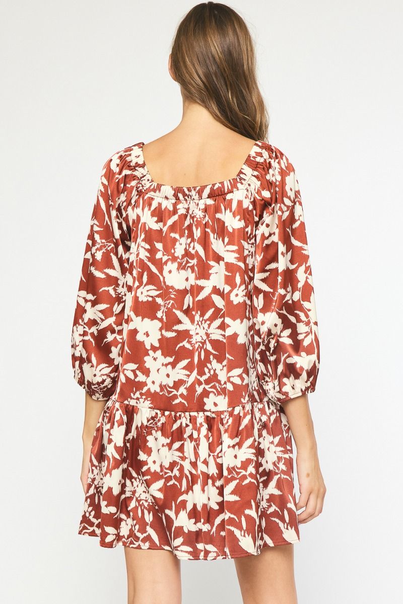 Satin Floral Print Square Neck Mini Dress