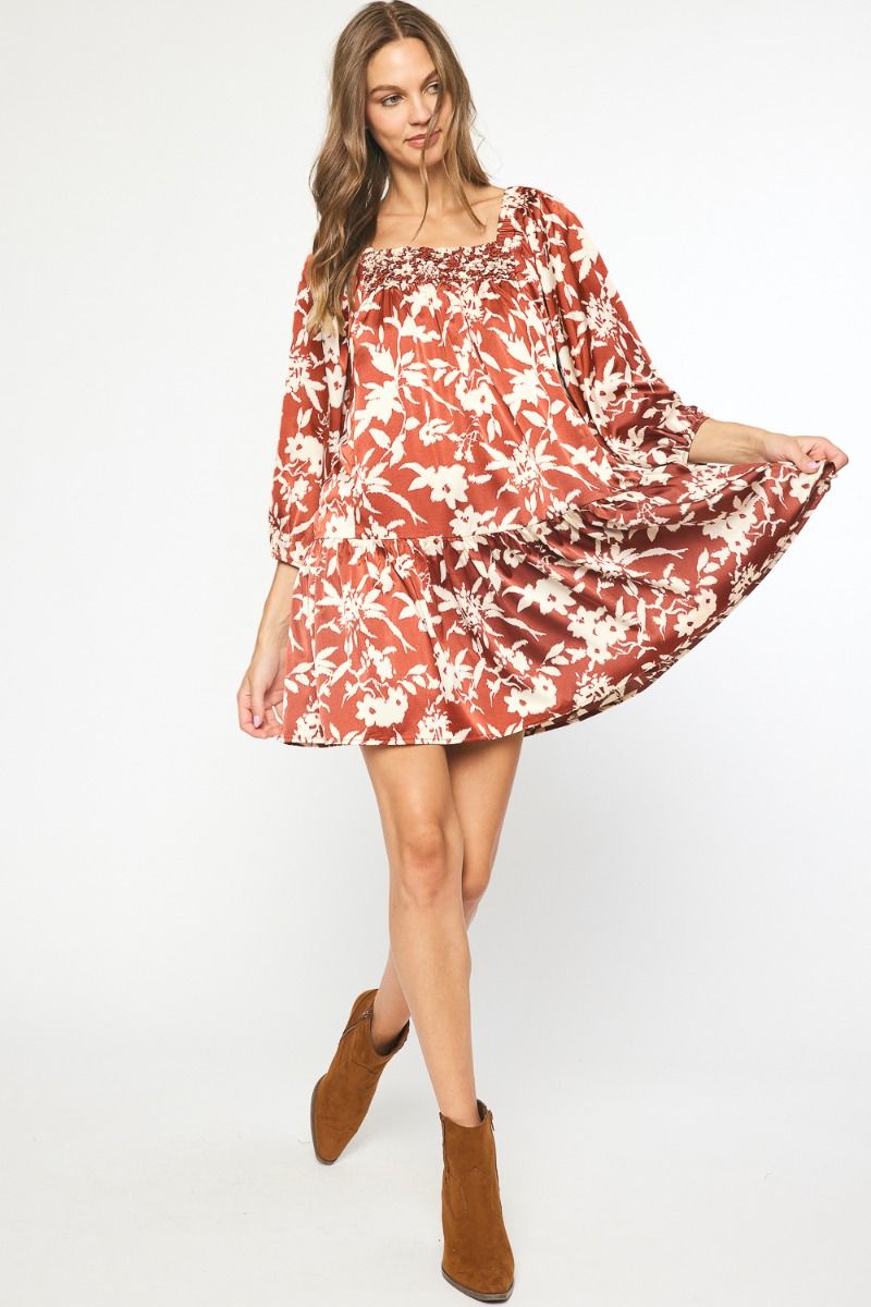 Satin Floral Print Square Neck Mini Dress
