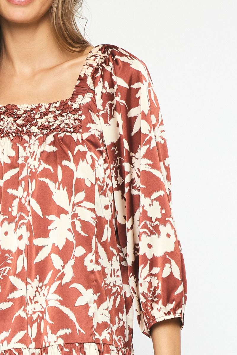 Satin Floral Print Square Neck Mini Dress