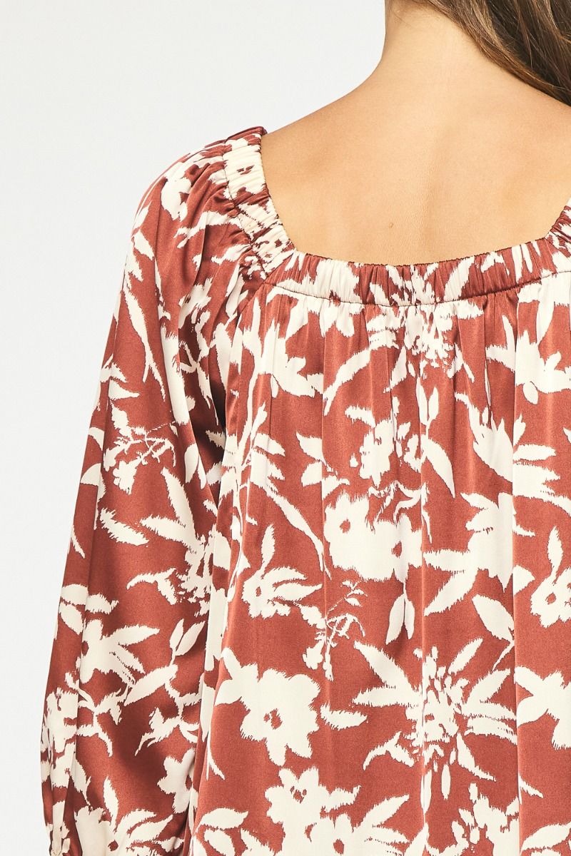 Satin Floral Print Square Neck Mini Dress