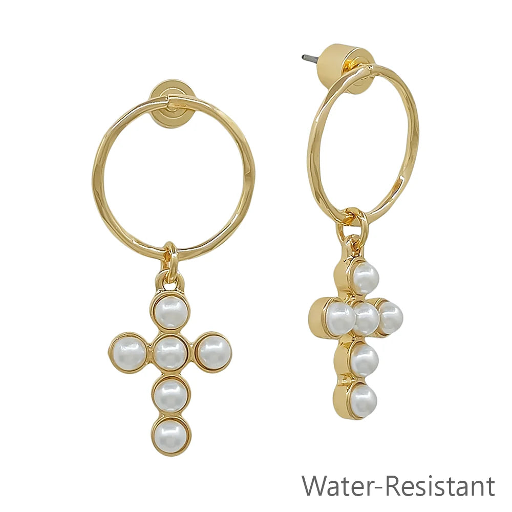 Water Resistant 1.5" Open Circle with Cross Pearl Earrings