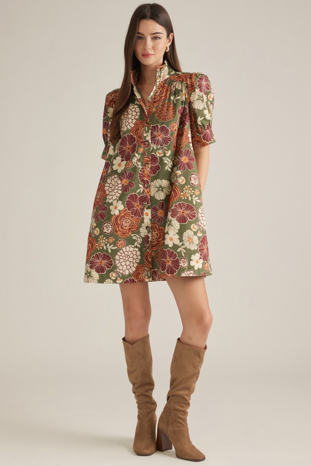 Olive and Rust Puff Sleeve Mini Dress
