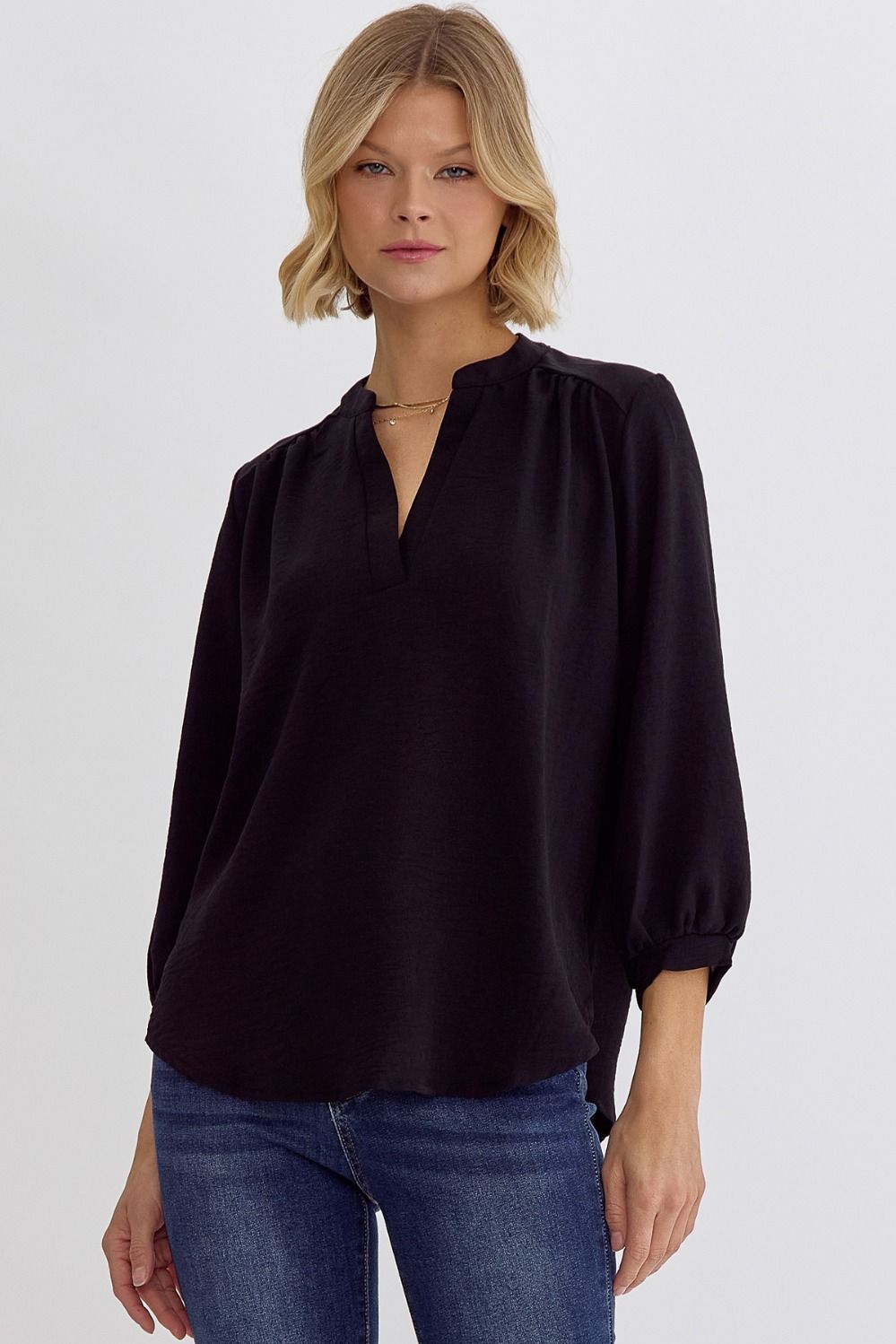 Solid 3/4 Sleeve Placket Detail v-Neck Top