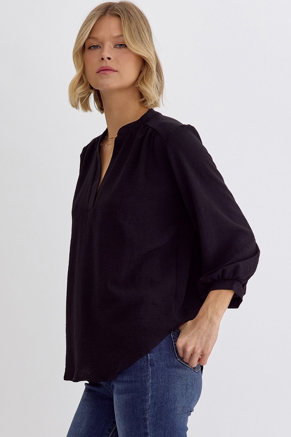 Solid 3/4 Sleeve Placket Detail v-Neck Top