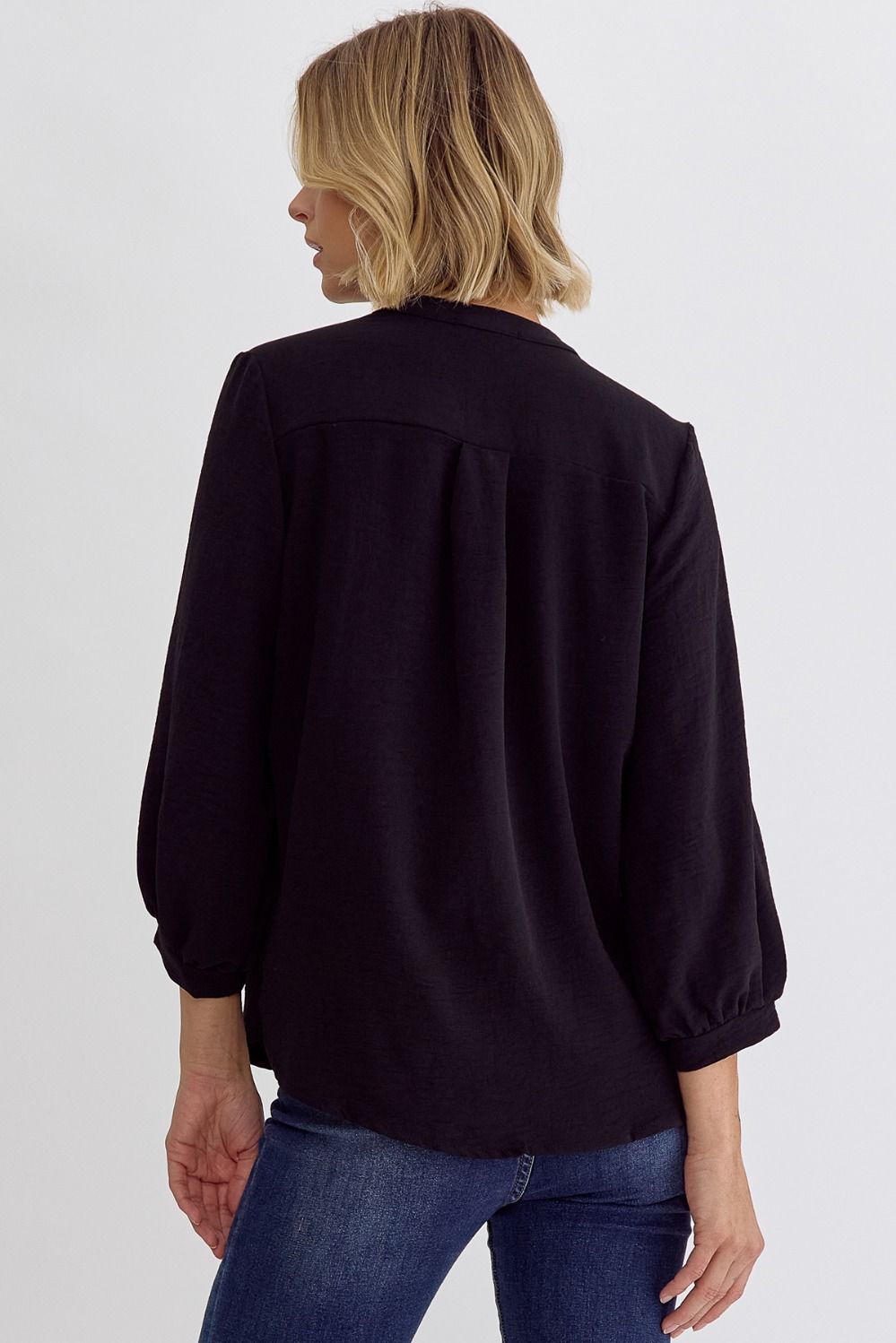 Solid 3/4 Sleeve Placket Detail v-Neck Top