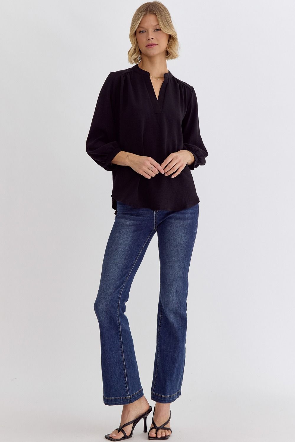Solid 3/4 Sleeve Placket Detail v-Neck Top