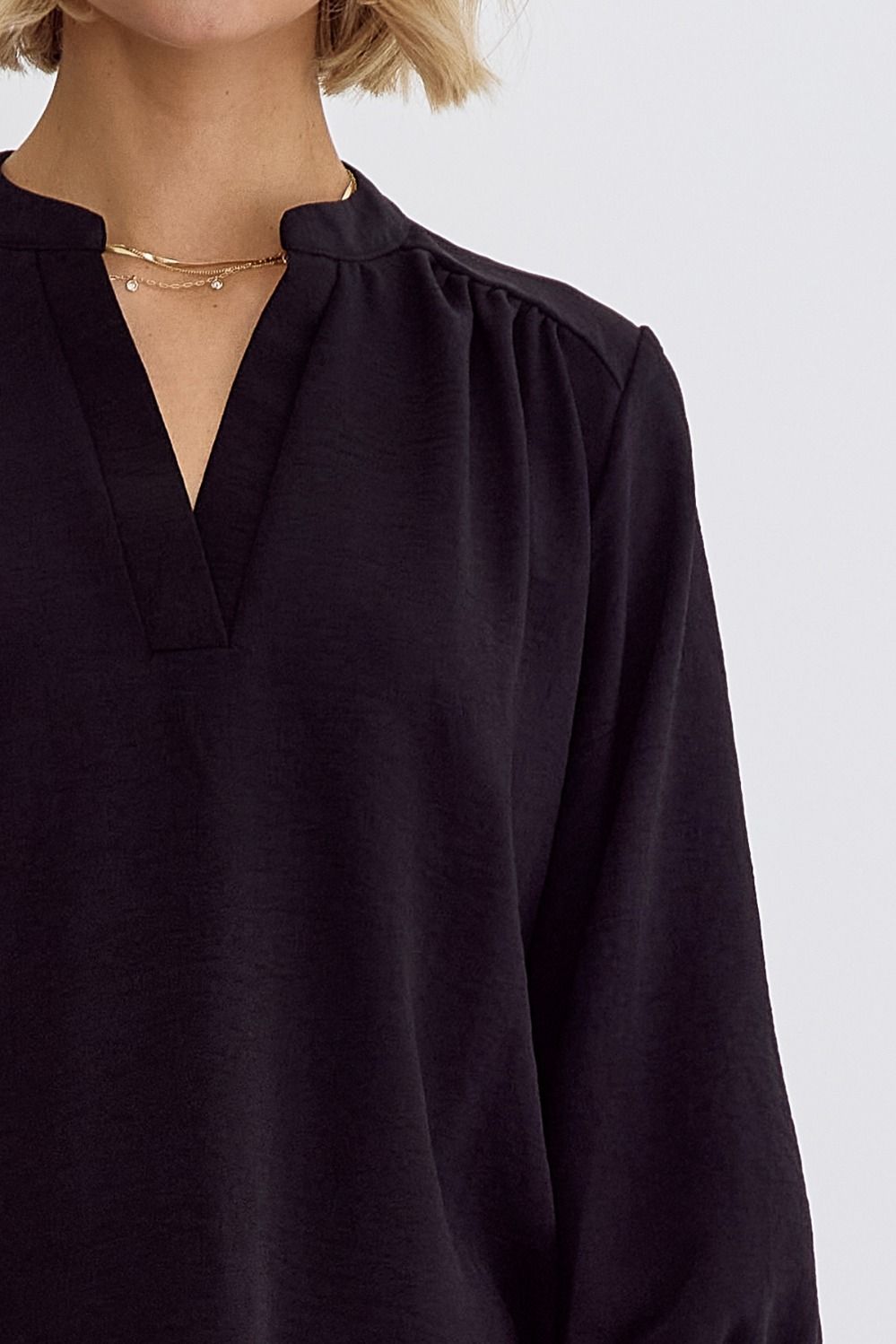 Solid 3/4 Sleeve Placket Detail v-Neck Top