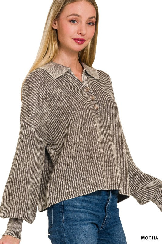Washed Collared Henley Sweater Shirt