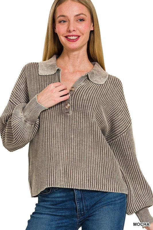 Washed Collared Henley Sweater Shirt