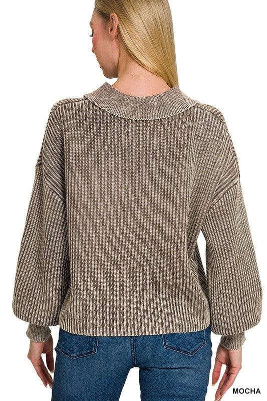 Washed Collared Henley Sweater Shirt