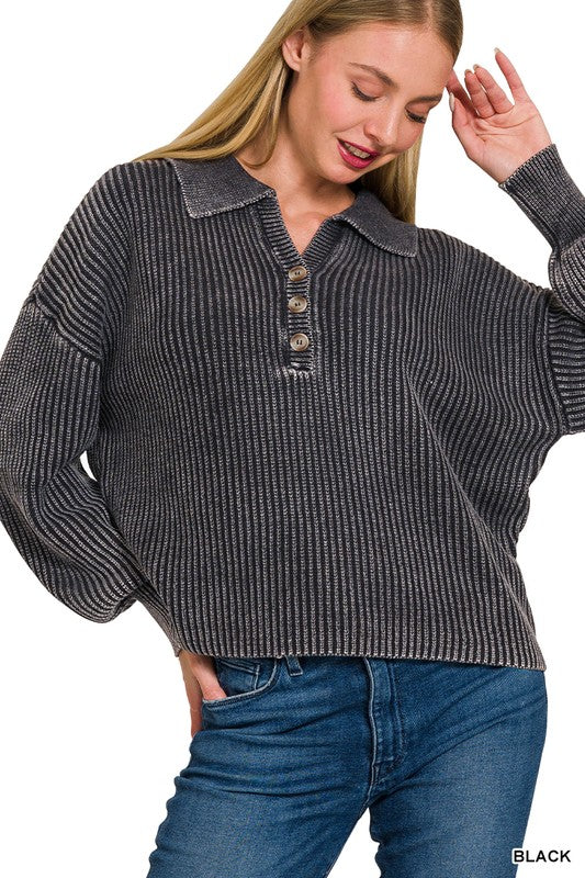 Washed Collared Henley Sweater Shirt