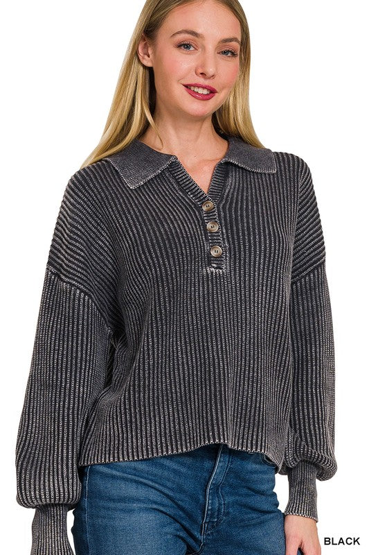 Washed Collared Henley Sweater Shirt