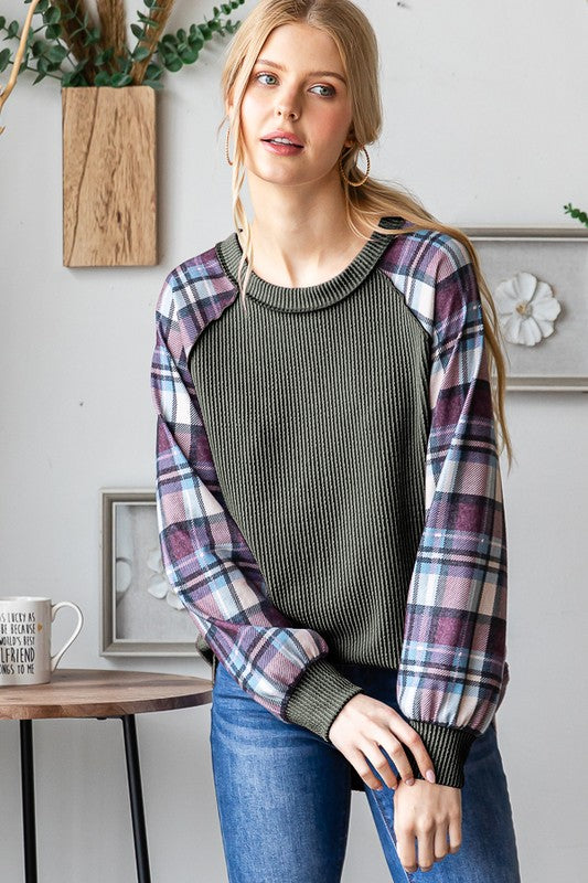Long Sleeve Solid Urban Ribbed and Plaid Top