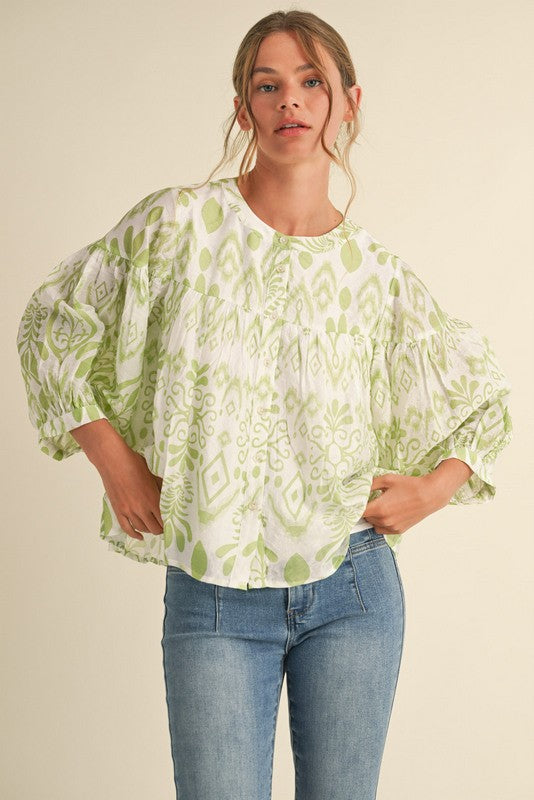 Avocado Print 3/4 Balloon Sleeve Top