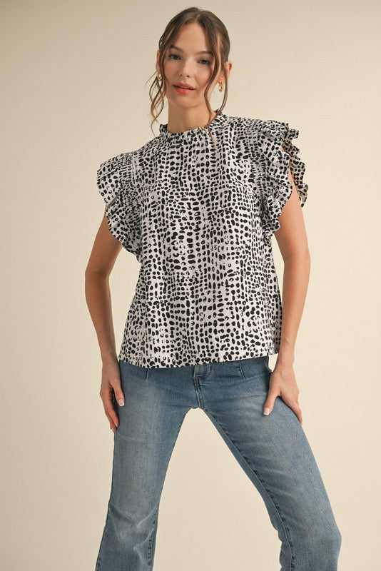 Print Ruffle Cap Sleeve Top