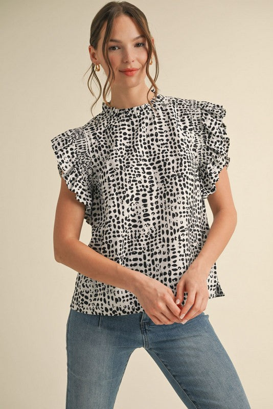 Print Ruffle Cap Sleeve Top