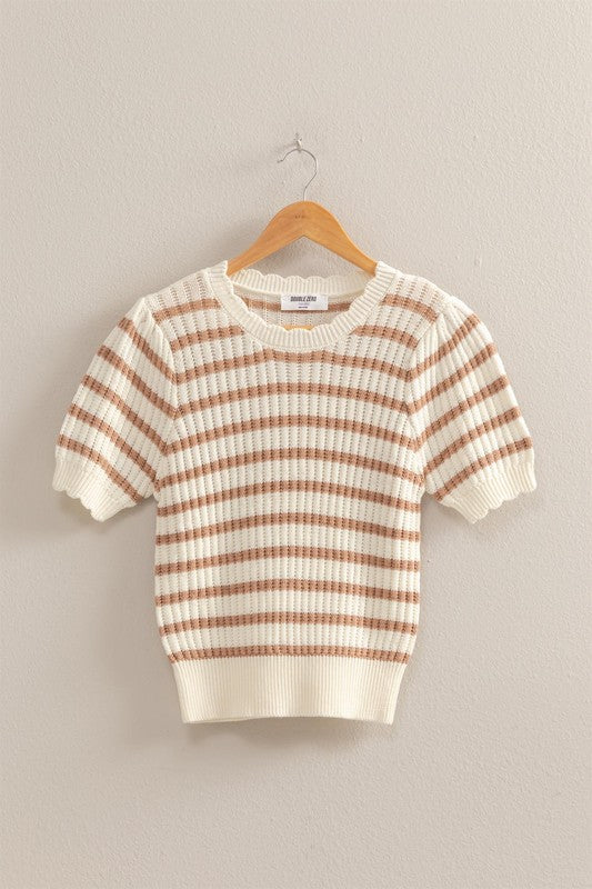 Puff Sleeve Scalloped Edge Striped Knit Top