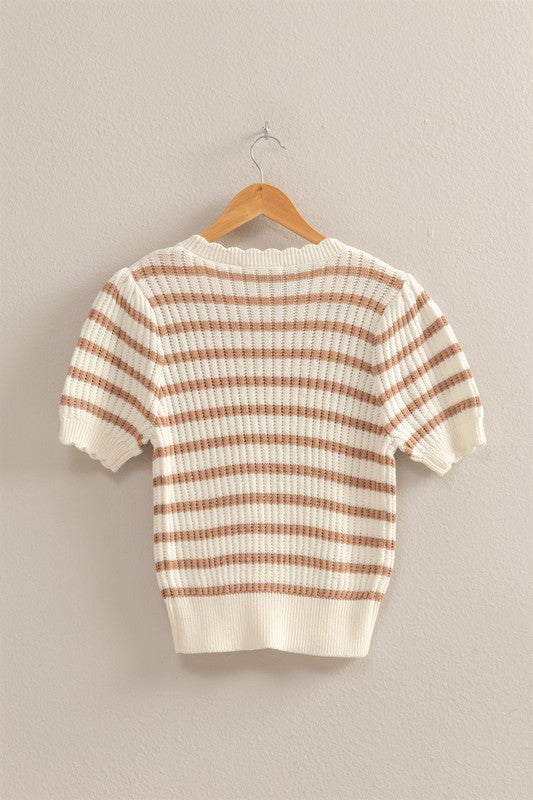 Puff Sleeve Scalloped Edge Striped Knit Top