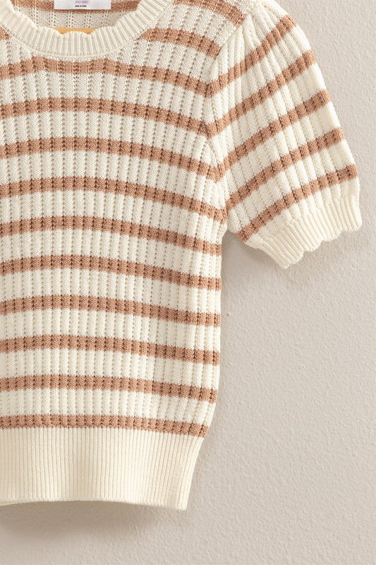 Puff Sleeve Scalloped Edge Striped Knit Top