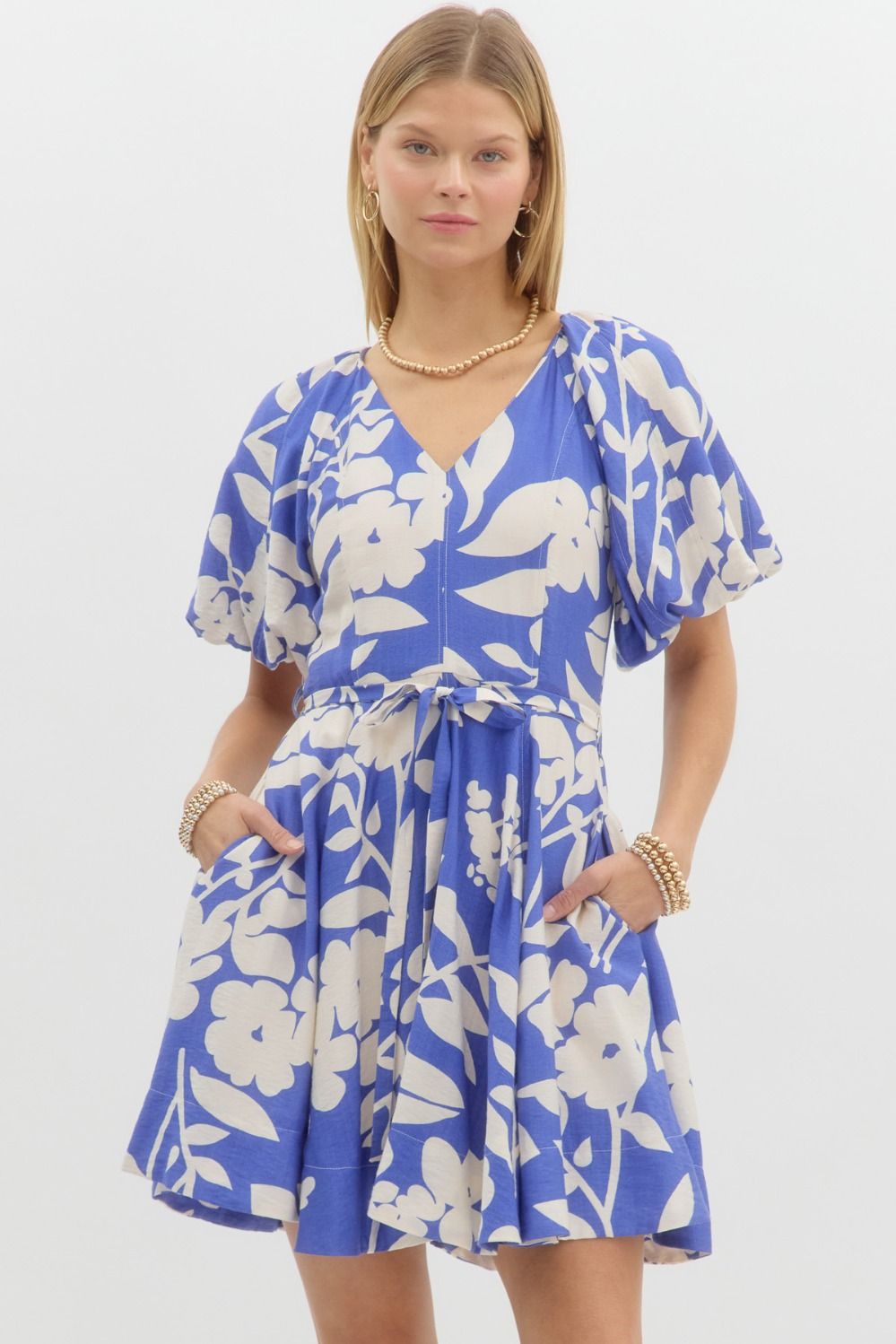 Floral Print Bubble Sleeve Mini Dress