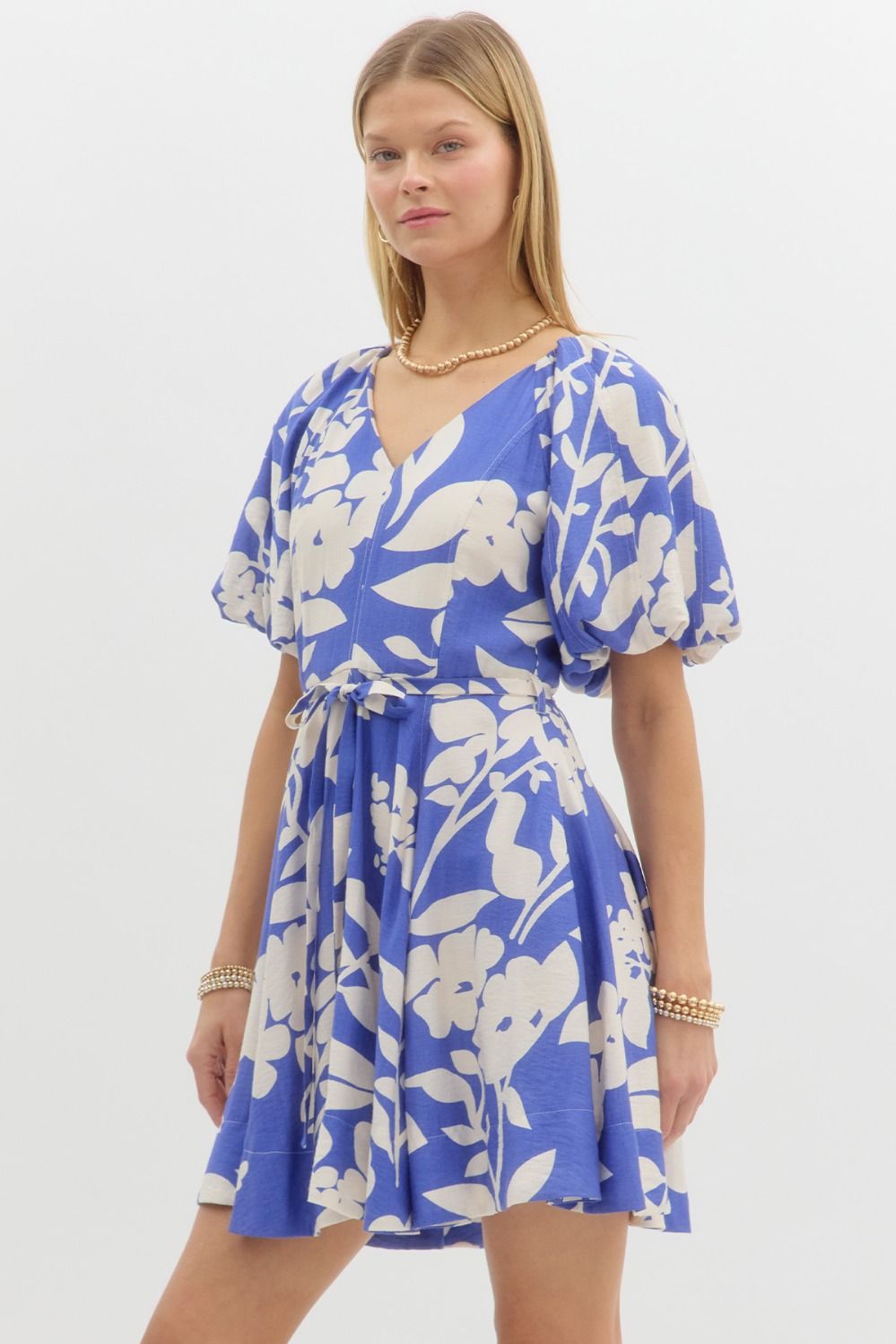 Floral Print Bubble Sleeve Mini Dress