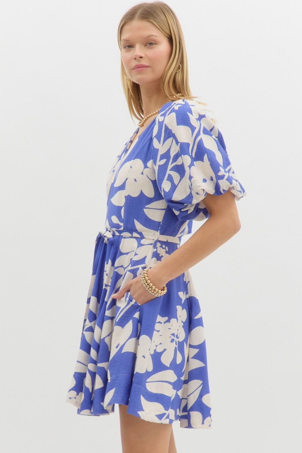 Floral Print Bubble Sleeve Mini Dress
