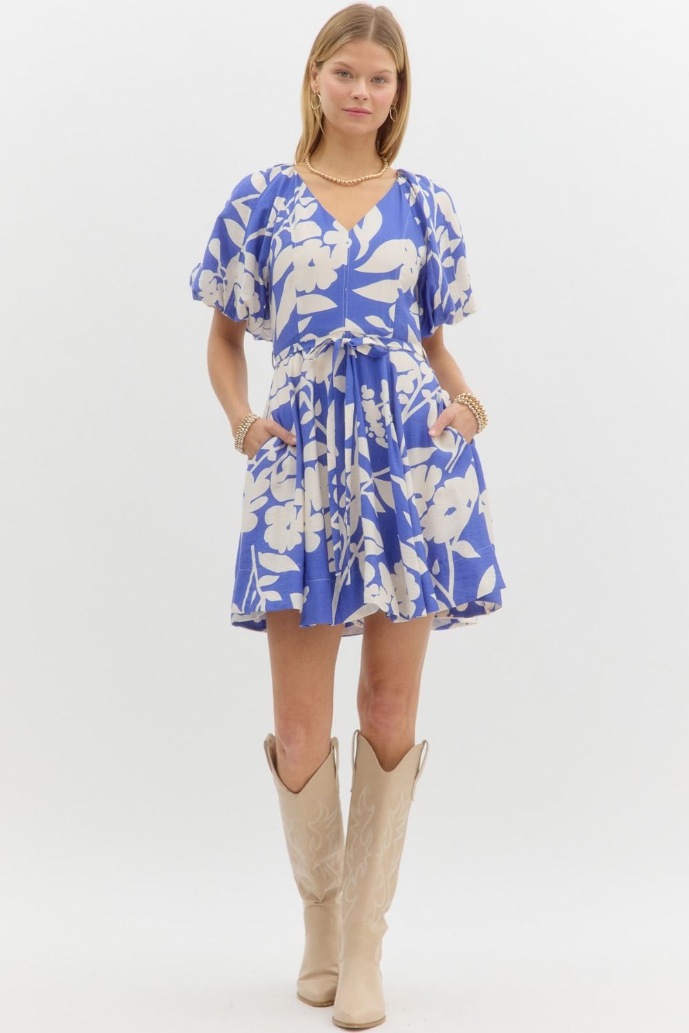 Floral Print Bubble Sleeve Mini Dress