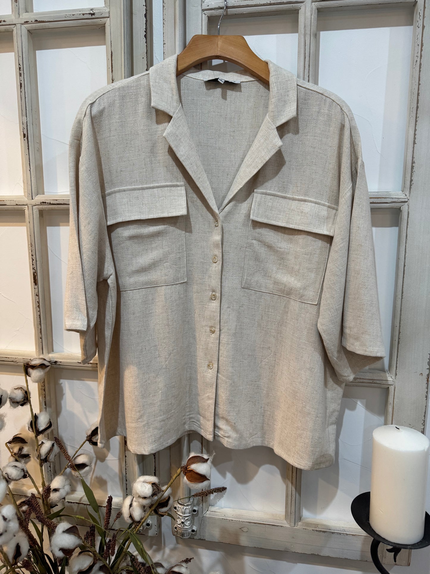 Linen Blend Button Up Collar Shirt